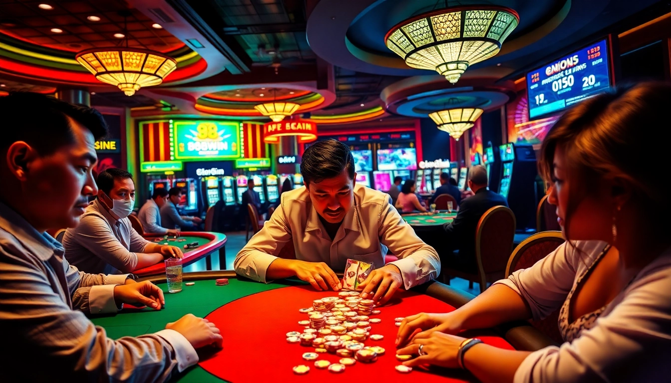 Exciting casino atmosphere at 98win with vibrant gaming tables and players engaged.