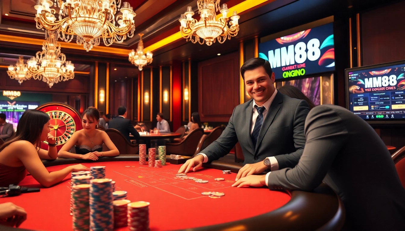 Experience the thrill of gambling at MM88's vibrant casino tables with poker chips and a roulette wheel.