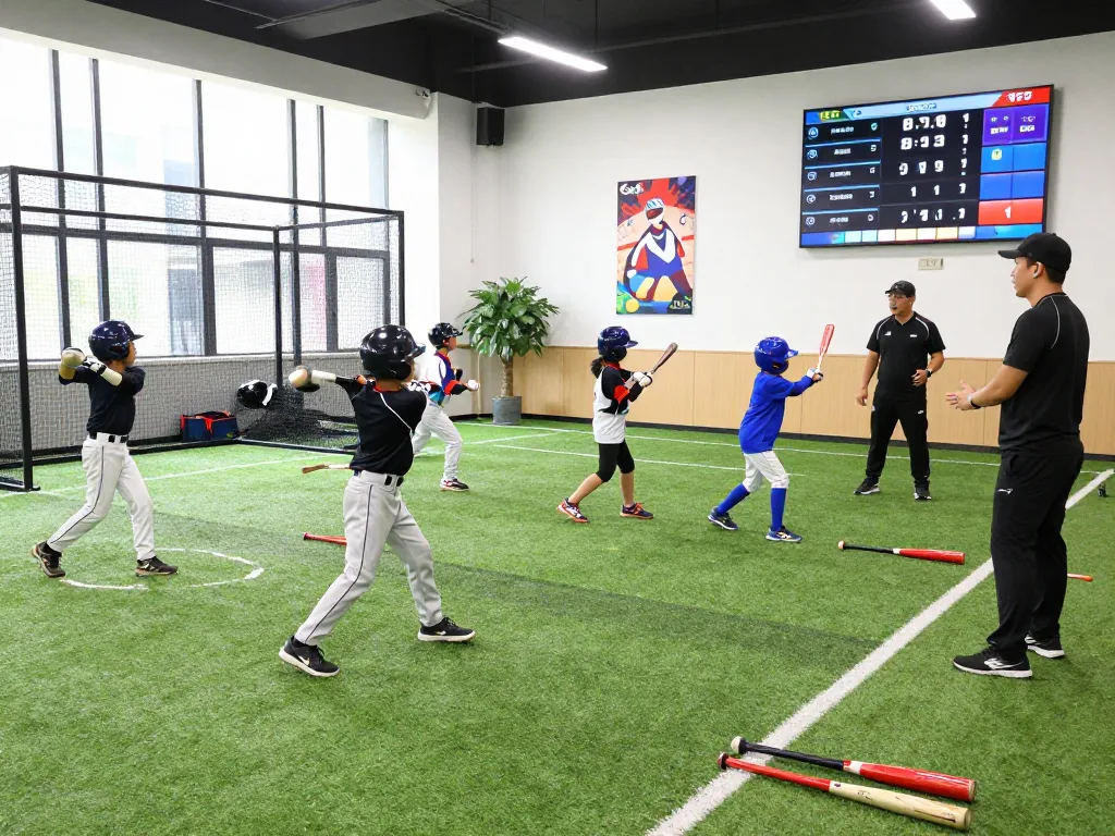 Young athletes training at hitclub baseball facility, focused on practice with coaches providing guidance.