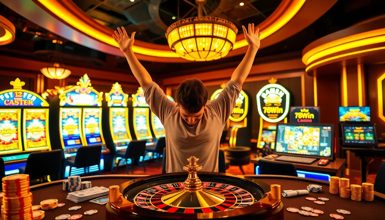Players celebrating a win at the casino with elements linking to the 78Win experience.