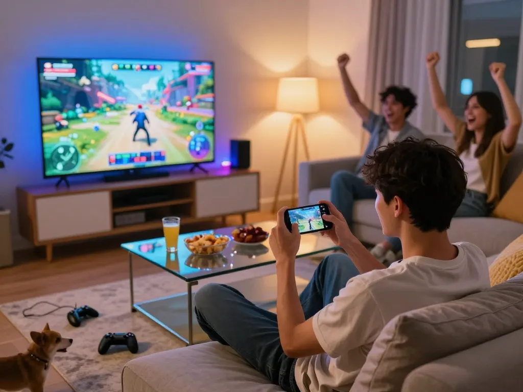 Tải sunwin on a smartphone in a cozy gaming setup with friends cheering.