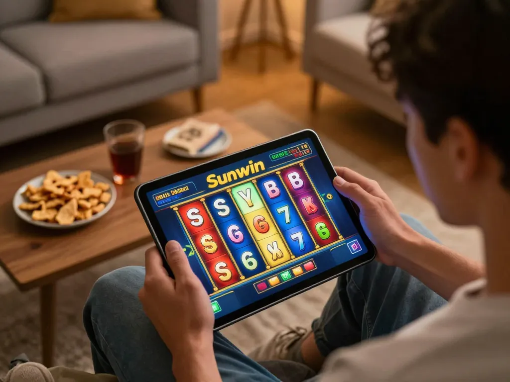 Player enjoying Sunwin slots on a tablet, showcasing colorful game interface and cozy home setting.