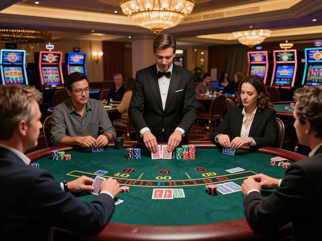 Tỷ lệ kèo nhà cái hôm nay showcased at an exciting blackjack table with players and dealer in action.