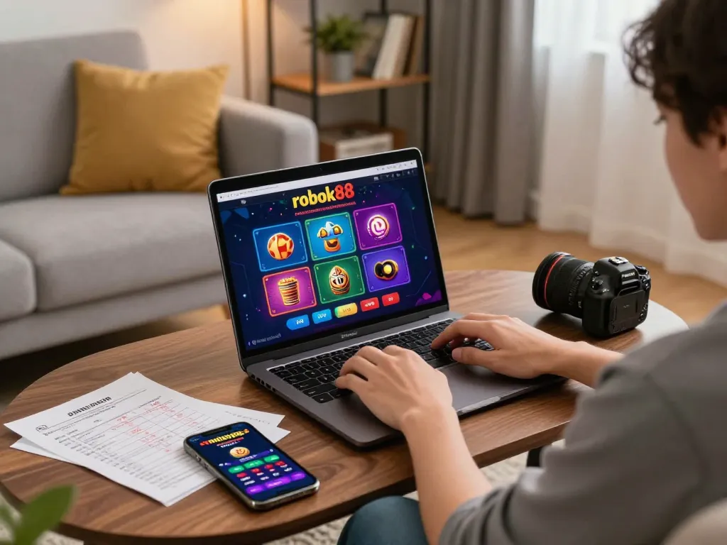 Engaging online gaming session on rokok88 with a player using a laptop and smartphone in a cozy home setting.