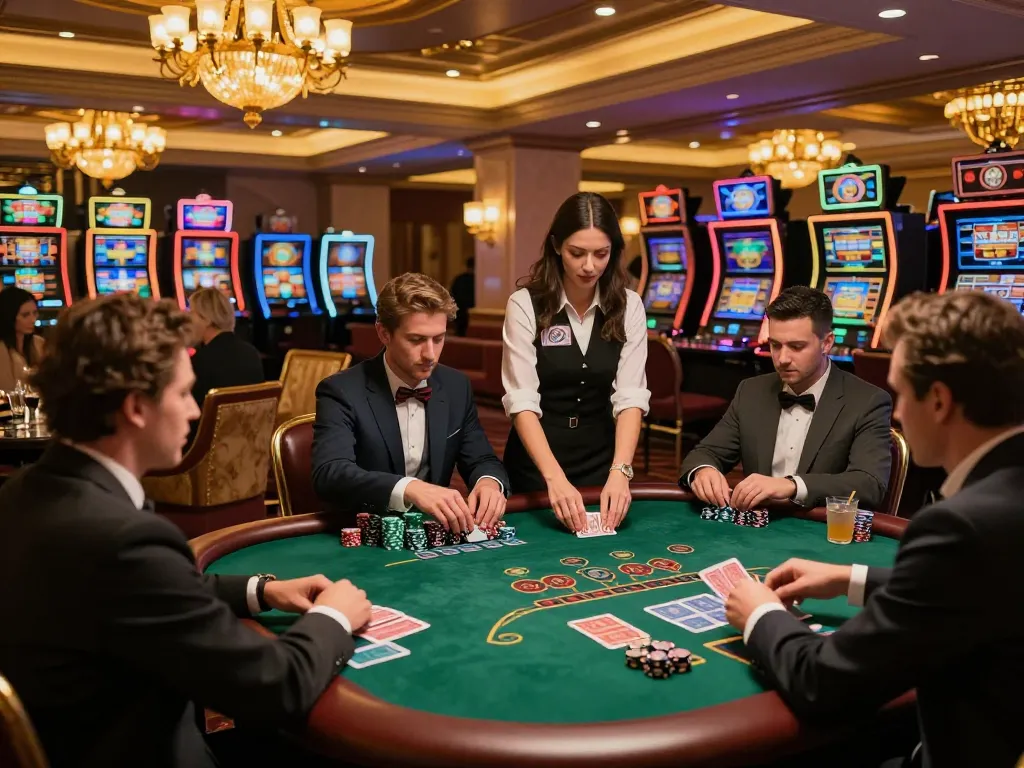Players enjoying a strategic blackjack game at 33winvn's luxurious casino, dealer shuffling cards.