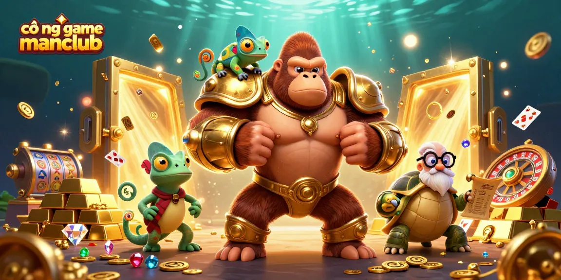 Engage in thrilling action with cổng game manclub, featuring a dynamic 3D scene of vibrant characters and dazzling treasures.