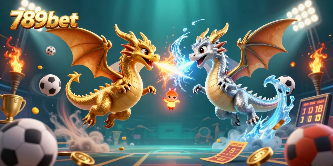 Experience dynamic gameplay with 789bet featuring gold and silver dragons amidst sports elements and a celestial atmosphere.