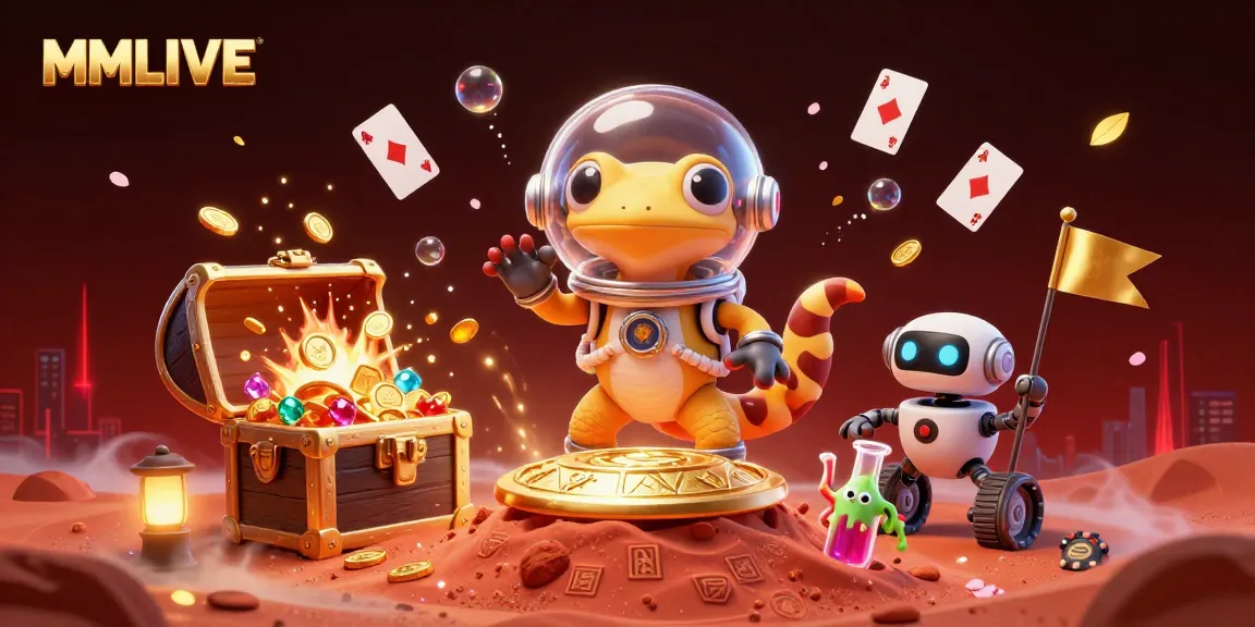 MMLIVE streamers celebrate winning with an exciting casino scene featuring gold coins and vibrant cards.