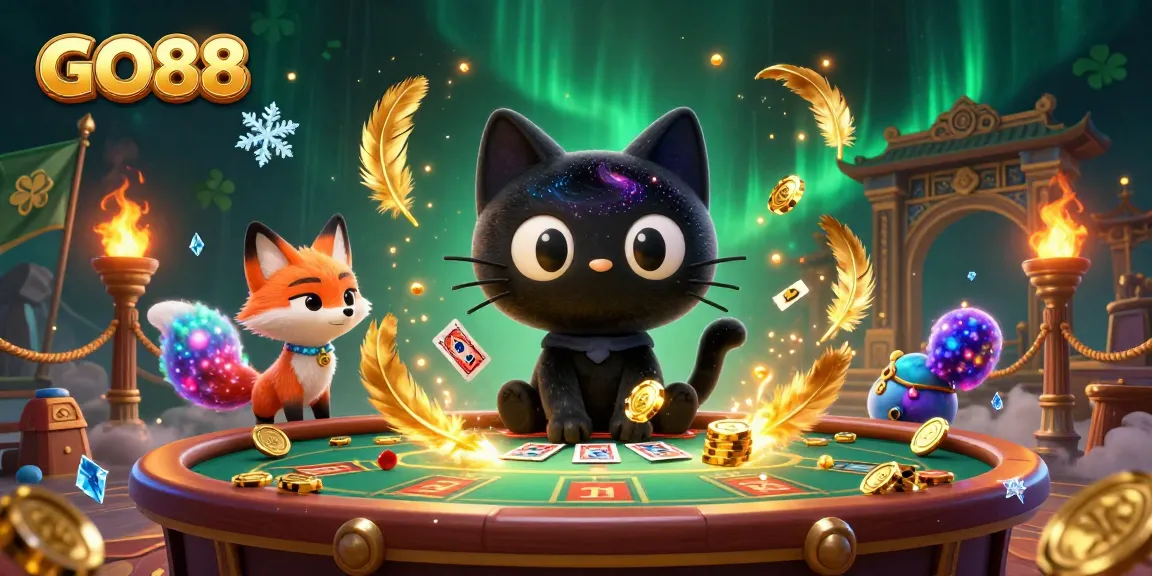 Engage with GO88's exciting casino table featuring a black hole cat and a nebula fox in a cosmic setting.